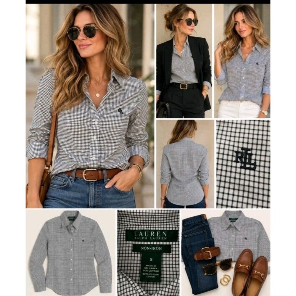 Lauren Ralph Lauren Women's S Black White Micro Check Button Up Shirt Non Iron
